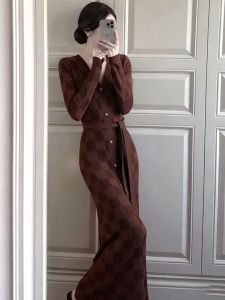 SHANGSHA | Elegant Ladies Long Dress Coffee Color Cinched Waist