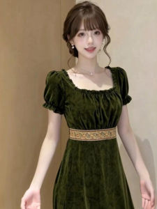 Elegant Waist Cinching Square Neck Puff Sleeves Dress