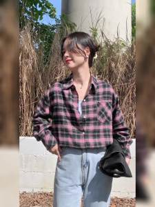 AMMIN 2024 Autumn new simple lapel fashion vintage color matching plaid print long sleeve blouse Korean style loose pocket single breasted elegant blouse