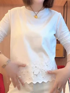 Lace Splicing round Neck White T-Shirt Womens Loose Casual Versatile Top Trendy Spring Summer New Style Breathable Long Sleeve