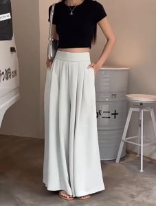 Celana Setelan Berpinggang Tinggi Ramping Kaki Lebar Kasual Wanita Gaya Korea