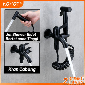 KOYOT Kran Cabang SUS 304 dan Jet Shower Toilet Hitam Matte 1/2 Inch dengan Selang 1.5M Kran Air Double Kran Washing Machine Bidet Spray