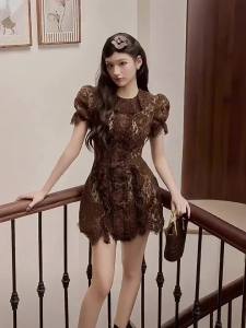 Elegant Lace Ruffled Neckline Dress Slender