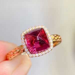 Montagne Jewelry 18K Pure Rose Gold Ring Diamond Inset Fine Jewellery Natural 3 Carat 6.8x6.8mm Red Tourmaline Ring