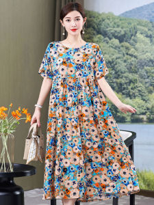 2025 New Womens Floral Cotton Silk Long Dress Summer Beach Style Mommy Dresses plus Size Artificial Cotton Short Sleeve