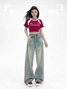 MZVZ | Quần Jeans Đùi Rách Phong Cách Retro Màu Sáng Dáng Suông