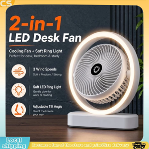 2 in 1 LED Ring Light Desk Fan Portable USB Rechargeable 3 Speed Wind Adjustable Brightness Quiet Oscillating Mini Fan For Office Bedroom Study