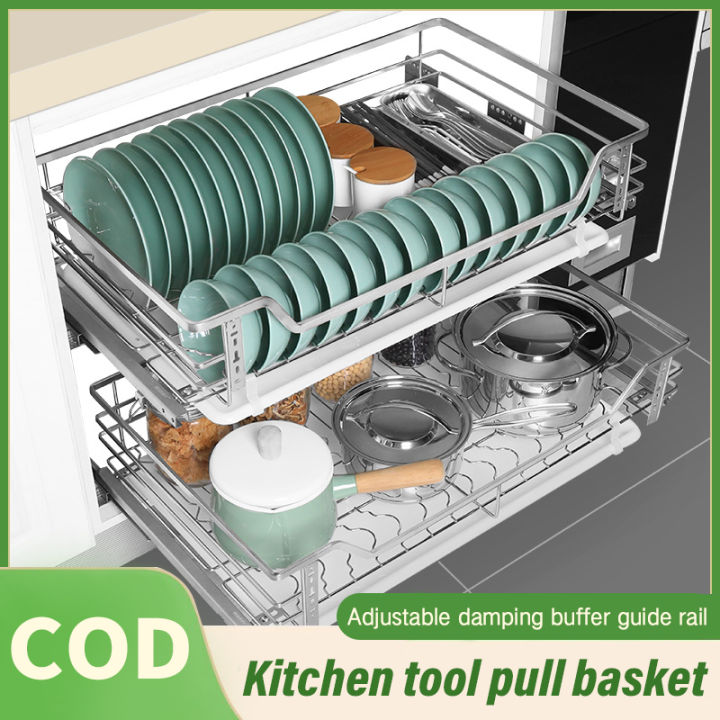 2 Pieces Kitchen Pull Out Cupboard Basket Tray Organizer 304 Thick Kitchen 2 Tier Full