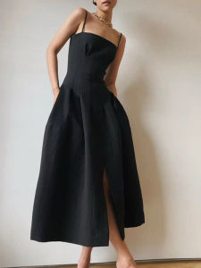 Autumn Womens Dress New Fashion Solid Color Hem Split Temperament Zipper Versatile Spaghetti Strap 7YZ4014