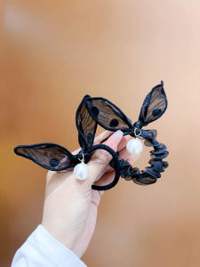Feminine Korean Style Hair Ties Womens Simple Lace Net Polka Dot Rabbit Ear Bow Knot Pearl Embellished Hair Bands
