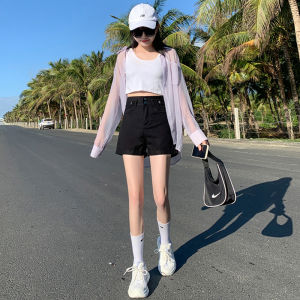 High Waist Black Denim Shorts Womens Summer Thin Wide Leg Hot Pants Stylish Design Cotton Polyester Blend Straight Cut Shorts