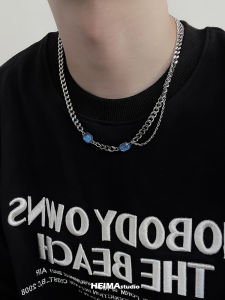 สร้อยคอแบบเป็นกลุ่มสองชั้น เงินไททาเนียม ประดับเพชรเทอร์ควอยซ์ แฟชั่นสตรีท ดีไซน์เรียบง่าย สำหรับผู้ชายและผู้หญิง