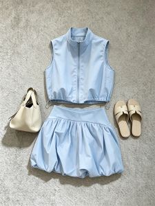 Elegant Stylish Blue Vest and Skirt Set