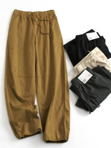 กางเกงขากว้างเอวยางยืดสีพื้นผูกเชือกสำหรับผู้หญิง กางเกงขายาวทรงหลวมสไตล์ลำลอง ผ้าฝ้ายแท้ ฤดูใบไม้ร่วง 2024 กางเกงขายาวสไตล์ลำลอง
