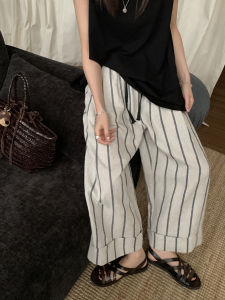 NIZONDAYS Low Saturation Color Woven Linen Thin Wide Leg Pants Nine Points Simple Style Japanese Stripe Flip Natural Waist