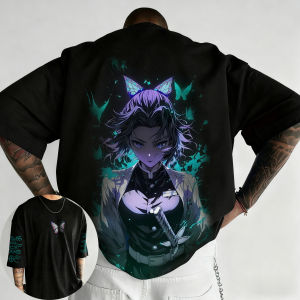 Bandai | Demon Slayer Anime Joint T-shirt Mens Summer New Kochou Shinobu Printing Trend American Style Ins Casual Loose Parent-child P