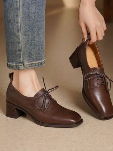 Top Layer Cowhide Low Heel Chunky Heel Square Head Single Shoes Womens Fashion Spring New Style Comfortable Commute Leather Shoes