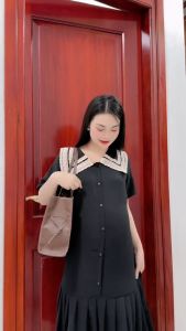 Váy bầu cộc tay công sở-đầm bầu xinh suông a dáng dài