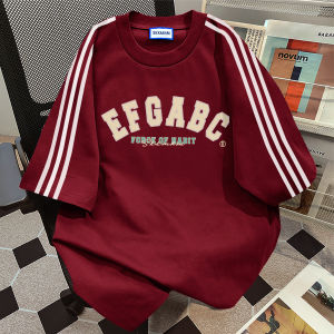 เสื้อยืดแขนสั้นผู้หญิงสไตล์อเมริกัน 3 แถบ พิมพ์ลายตัวอักษร ทรงหลวม คอตตอน 100% ฤดูร้อน 2025 เสื้อคอกลม