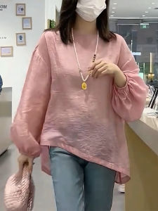 QINGNAER | Autumn New Fashion Versatile Casual Lightweight Pink Sheer Loose Lantern Sleeve Buttoned Shirt