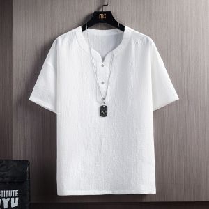 ROMON | Lormen Mens Ice Silk Short Sleeve T-Shirt Summer Thin V-neck Linen Chinese Style Tang Suit Top Cotton Linen Body Fashion Urban Cool Sensation