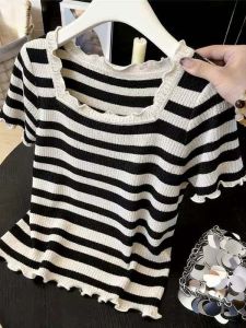 Áo Thun T-shirt Tay Ngắn Ôm Sát Cổ Vuông Mèo Tai Nơ Phong Cách Mùa Hè