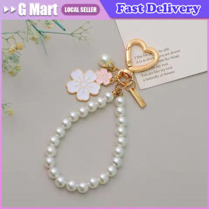 Lovely Cherry Blossoms Fan Keychain Pearl Chain Letter Pendant Women Car Key Ring Headphone Case Charms Bag Decor Accessories