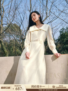 Teasel Silk Luster Rayon Navy Collar Loose Long Sleeve Knee-Length Overcoat Dress Elegant Simple Style Natural Waist Design