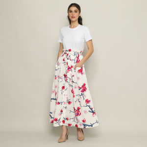 FAME - Rok Flowy Wanita Panjang Floral Print Baby Pink - 9310111