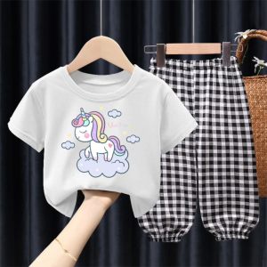 1 Set Girls T-Shirt Unicorn Set Pony Girl Clothes Children Set Cute Clothes Baby Kids Shirt Soft Material Short Sleeve with Long Pant Shopping Baju Jalan-Jalan Perumpuan Comel Seluar Panjang Cantik