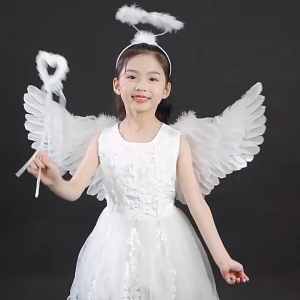 Welshop ปีกนางฟ้า ปีกนางฟ้าเด็ก ปีกนางฟ้าพับได้ มีวงแหวนไม้คฑา ปีกขนนก สีขาว เด็ก Angel Wing