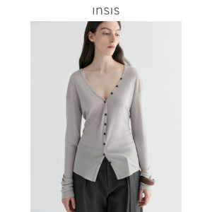 INSIS FEMME Summer New V-neck Open-front Woolen Silk Knitted Top Womens Regular Sleeve Length Medium-length Pure Color