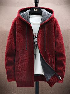 ROMON | Lormen Mens Cardigan Sweater Autumn Winter New Year Lamb Velvet Warm Hood Knitted Red Outerwear Fashion Urban Loose Fit Youth