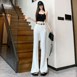 กางเกงสูทกระดิ่งผ้าไหมน้ำแข็งสีขาวสำหรับผู้หญิง กางเกงขายาวทรงสลิมฟิตเอวสูง ดีไซน์บาง ฤดูร้อน 2024