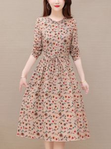 Floral Print Long Sleeve Cotton Linen Womens Dress Slimming Waist Design Spring Autumn New Style Base Layer Midi Skirt