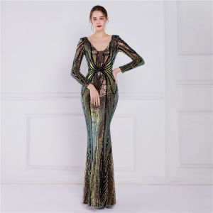 Elegant Trumpet/Mermaid Evening Dress Sequins Sparkle & Shine Formal Dress Long Sleeves V-Neck Party Gown Floor-Length Female Robe