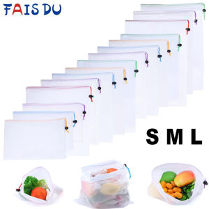 FAIS DU 3/9/15pcs Colorful Reusable Fruit Vegetable Bags Net Bag Washable Eco-Friendly Bags Kitchen Storage Bags Toys Sundries