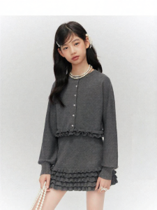 LOVESASAKIDS | Girls Wooden Ears and Batwing Sleeve Knit Cardigan Flared Waist Layered Skirt