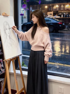 Korean Style Pink Hanging Neck One Shoulder Long Sleeve Knitted Sweater Womens Autumn Winter Low Neck Base Shirt Inner Low Collar Top