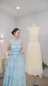 Set thiết kế nàng thơ đồ nữ đi biển dạo chơi chất Lụa thô nhún tầng áo yếm có mút bo chun sau mix chân váy xoè dài