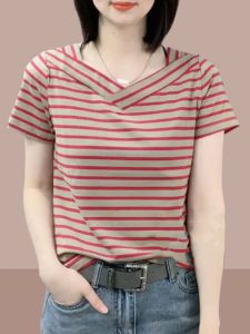 เสื้อยืดคอกลมแขนสั้นผู้หญิง ทรงหลวม สไตล์เกาหลี ลายทาง ทรงเข้ารูป ทรงหลวม เสื้อผ้าทำงานฤดูร้อน 100% คอตตอน