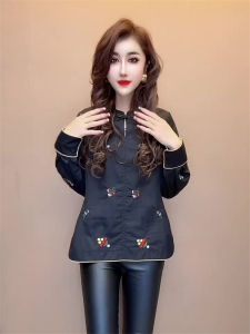 New Chinese Style Retro Button up Casual Womens Shirt Winter Slimming Meat Covering Fashionable Long Sleeve Stand Collar