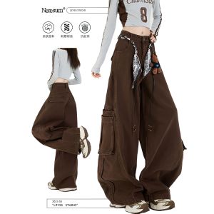 American Style Coffee Color Loose Casual Wide Leg Jeans Womens Autumn New Blade Drag Pants High Waist Zipper Pocket Durability