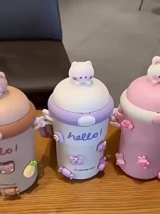 AODUOYAYA 550ML Children’s Water Cup Cute Water Bottle with Straw Strap Kids BPA Free Leak-proof Flask Kids Direct Drinking Plastic Water Bottle