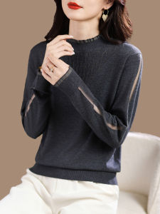 เสื้อสเวตเตอร์ถักคอปกสูงสีเทาเข้ม แขนยาว ผ้าขนสัตว์ ผ้าลูกไม้ ผ้าโปร่ง สำหรับผู้หญิง ฤดูใบไม้ผลิ ฤดูใบไม้ร่วง เสื้อชั้นใน