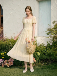 XIANGYING | Polka Dots Flared Hem Puff Sleeve Dress