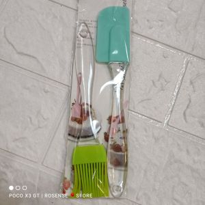 2 Kitchen Silicon Flat Pastry Brush and Spatula Set Multi Purpose Silicon Oil Cooking Brush for Grilling Tandoor and BBQ Multicolor