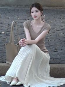 CHANGTONG | Retro Fashion Youthful V-Neck Top Skirt Set