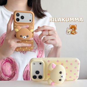 EOENKK | Kawaii Rilakkuma Silicone Phone Case For iPhone 12 13 14 15 16 17 Pro Max Plus 17 Pro 16e 17e with Strap Stand INS Back Cover
