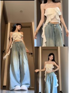 Quần Jeans Ống Rộng Cạp Cao Màu Xanh Rộng Rộng Cho Nữ Quần Dài Đến Sàn Thời Trang Xuân Thu Quần Jeans Denim Thường Ngày